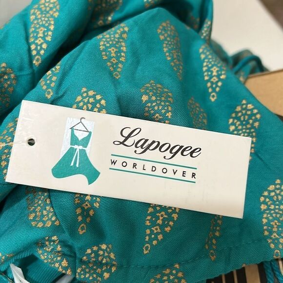 Lapoge Woman’s Dress Open Shoulder Teal And Gold Pattern Dress Size Medium Mini - Picture 7 of 11
